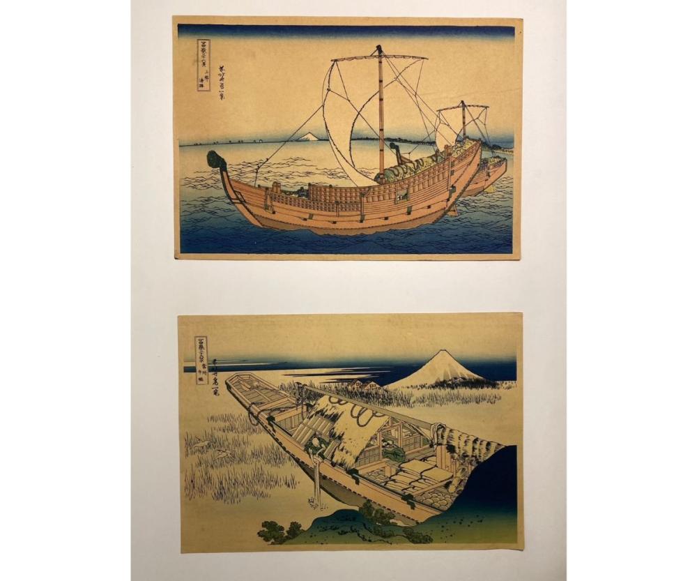 (2) Japanese Woodblock Prints, boat and Mount Fuji