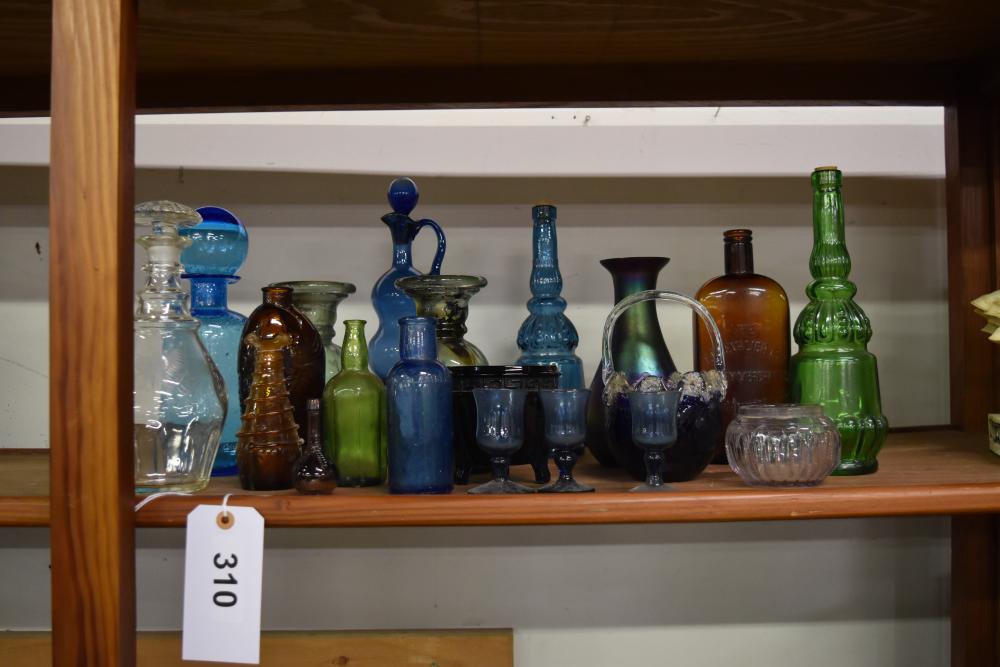 LOT of Colored Glass Bottles-F. Chaevalier Co. & Oil Slick Vase (has damage)
