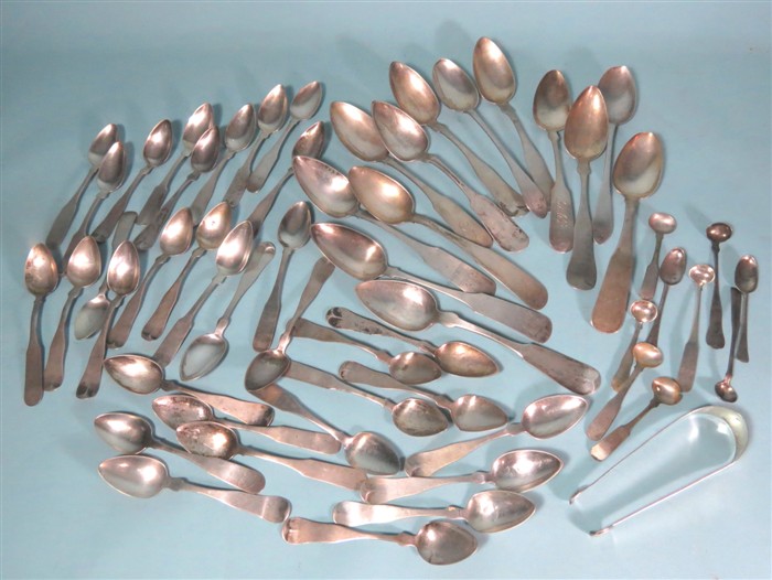 COLLECTION OF 57 AMERICAN COIN SILVER SPOONS: