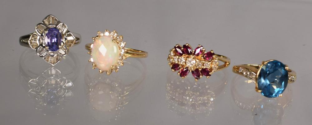 FOUR 14KT GOLD, DIAMOND & GEMSTONE RINGS
