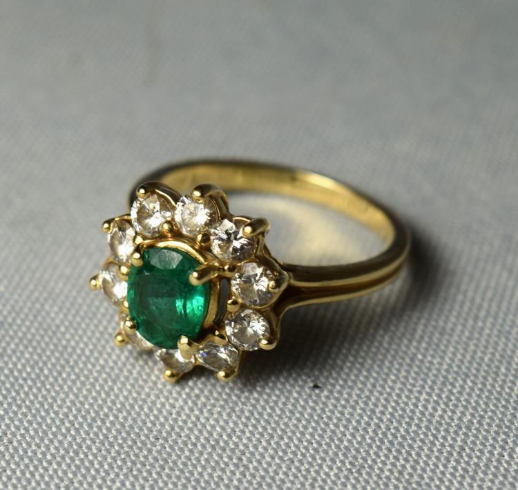 14KT GOLD, EMERALD & DIAMOND RING:
