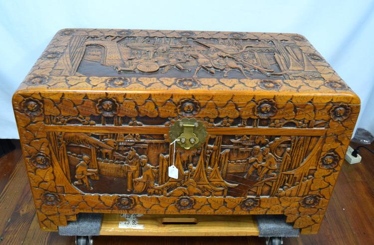 CARVED ORIENTAL CAMPHOR WOOD TRUNK: