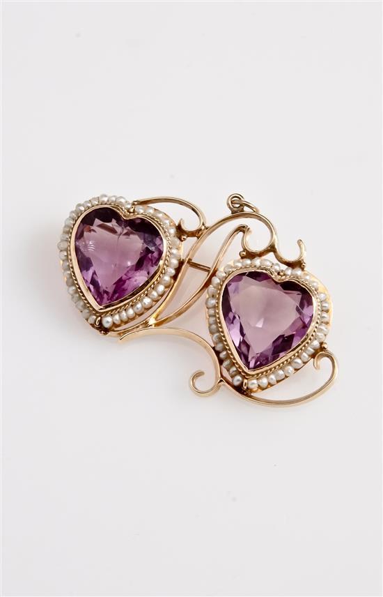 14-Karat Yellow-Gold, Amethyst and Seed Pearl Pin, total wt of amethysts: 13 carats, gross wt: 7 dwt