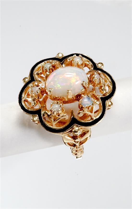14-Karat Yellow-Gold, Opal and Black Enamel Ring, gross wt: 7.3 dwt