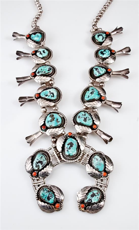 Southwest Silver, Turquoise and Coral Squash Blossom Necklace, gross wt: 11.6 oz