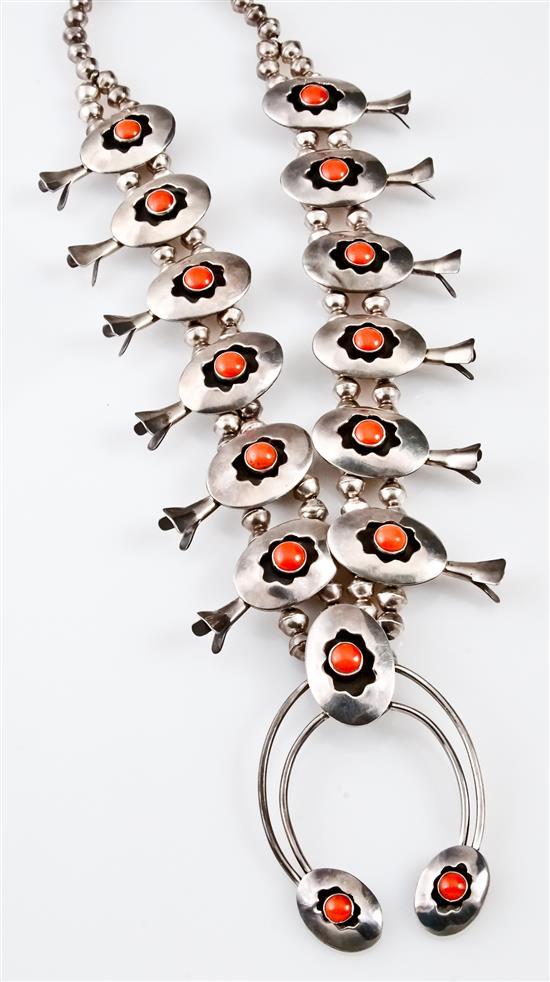 Southwest Silver and Coral Squash Blossom Necklace, gross wt: 5.4 oz