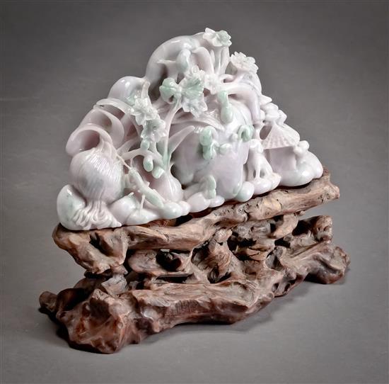 Chinese Apple-Green and Lavender Jadeite 'Fruit' Boulder Late 20th-Early 21st Century, on a burl root stand