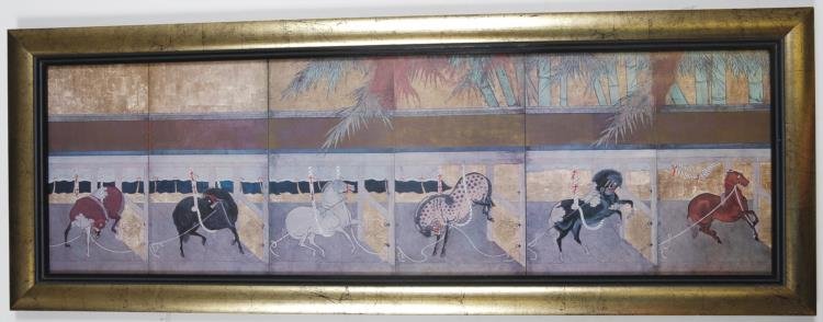 Hunter Jumper Asian Horse Panel Painting in Gold Frame