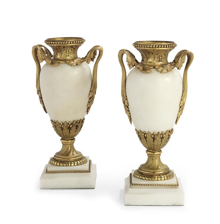 Pair of Gilt-Bronze and Marble Urn-Form Garnitures