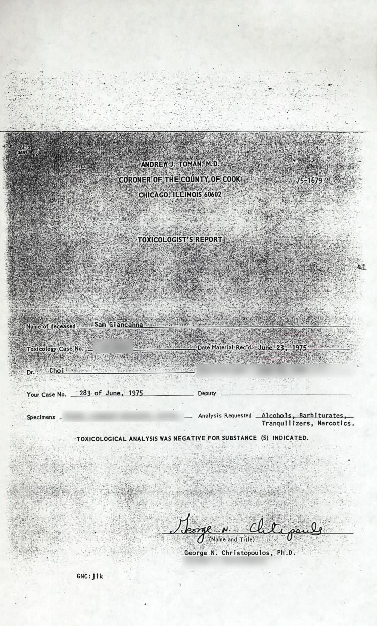 Toxicological Analysis Report - Sam Giancana's Death