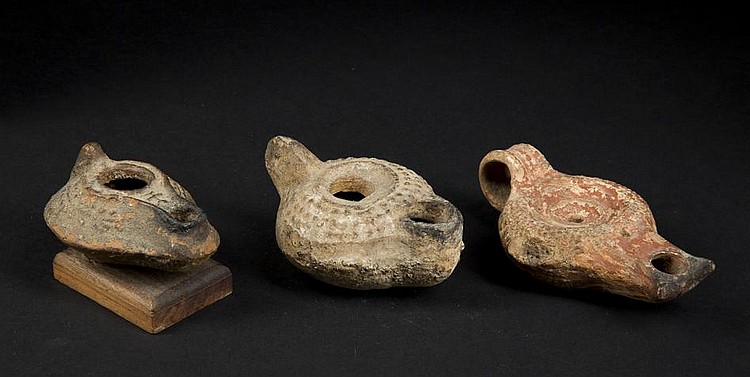 Three Ancient Roman/Mediterranean terracotta oil lamps