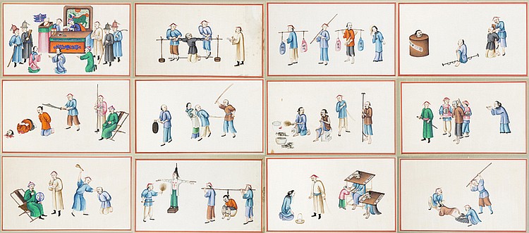 A Set of Twelve Chinese Export Paintings on Pith Paper
