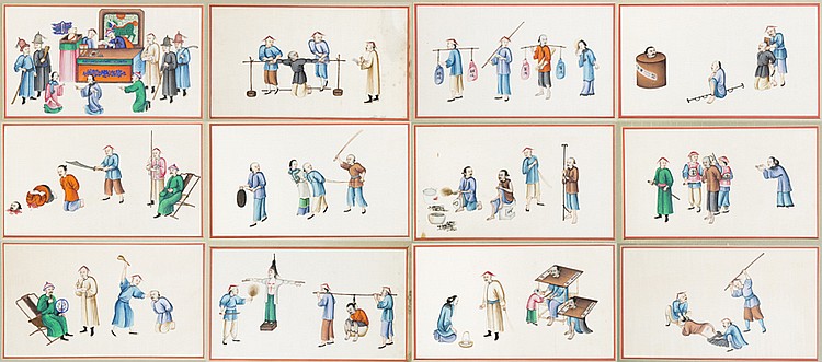 A Set of Twelve Chinese Export Paintings on Pith Paper