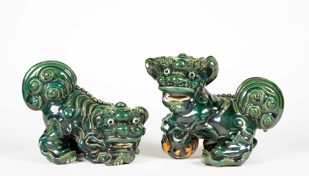 E20thC Pair Chinese Glazed Green Ceramic Foo Dogs