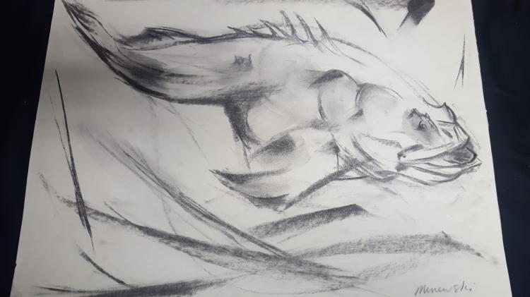 Alex Minewski (1917-1979) Charcoal Drawing Fish