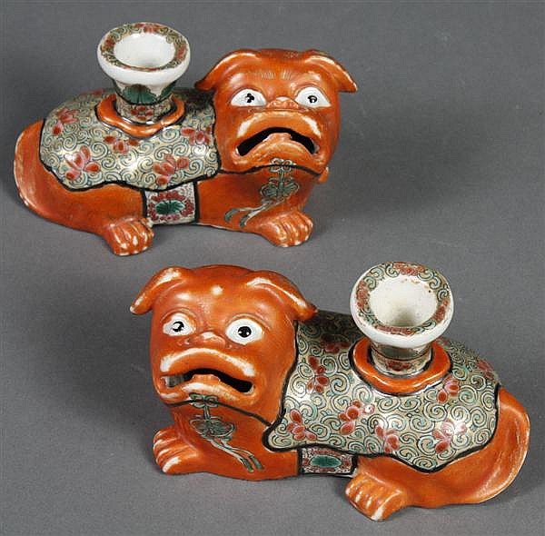 PAIR CHINESE EXPORT PORCELAIN CANDLE HOLDERS - Orange...