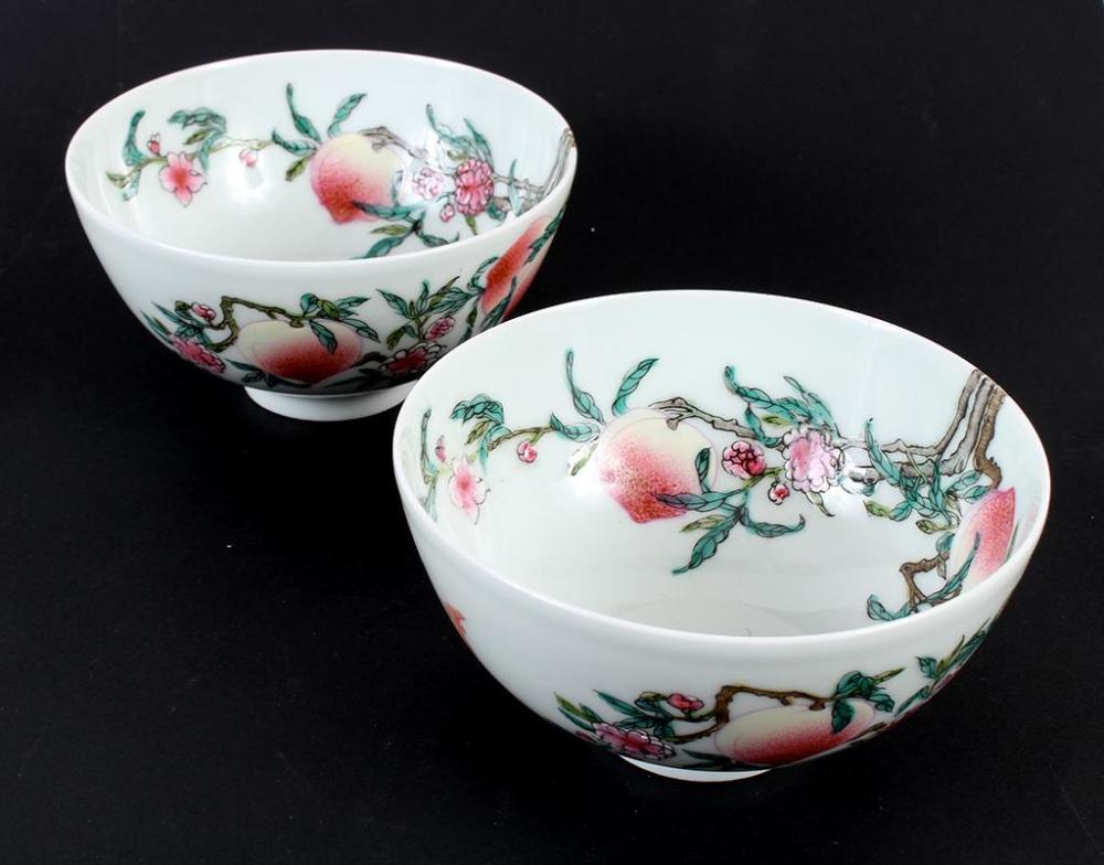 PAIR PORCELAIN FAMILLE ROSE NINE PEACH BOWLS - Chinese...