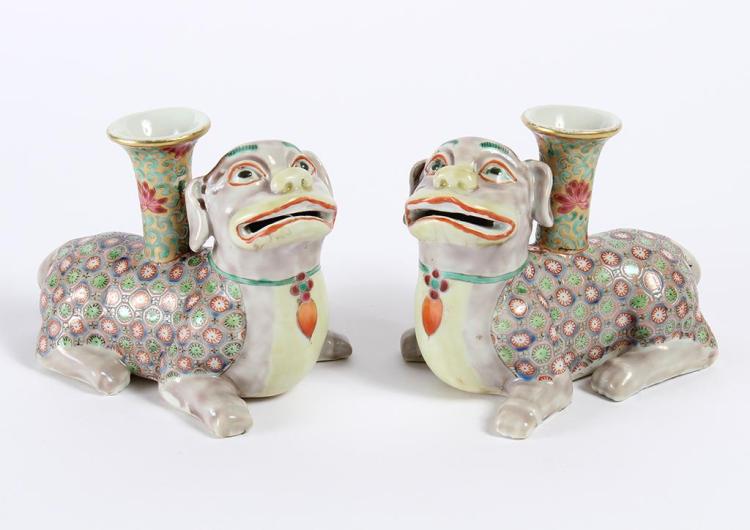 PAIR CHINESE FU DOG CANDLE HOLDERS - Porcelain