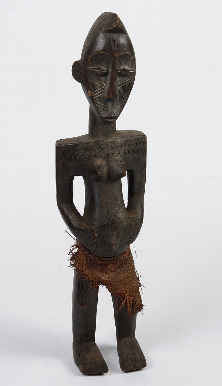 AFRICAN TRIBAL ART: KWELE CARVED WOOD FIGURE - Standing...