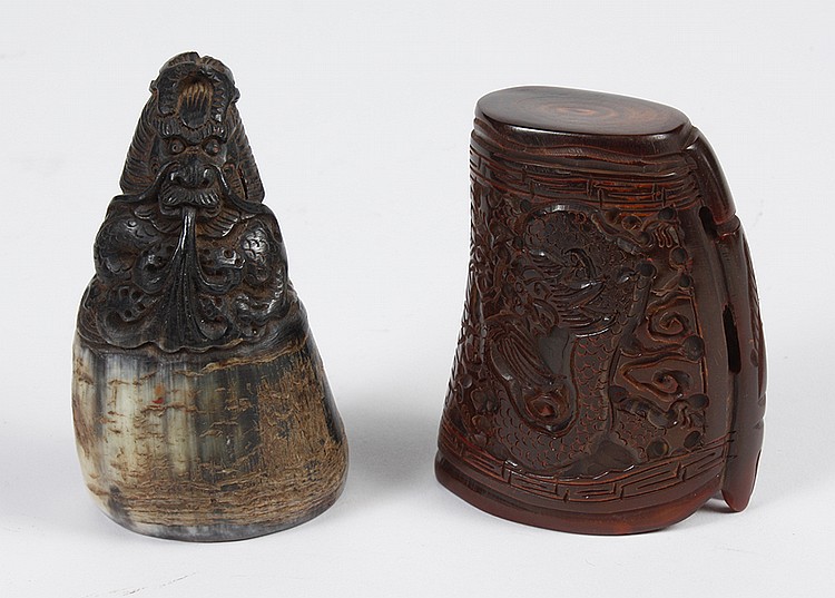 CHINESE CARVED HORN CUP & HORN SEAL STAMP - Rounded...