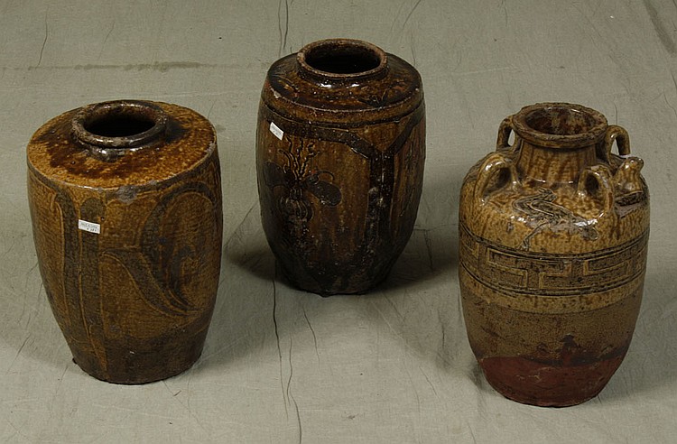 TWO CHINESE CERAMIC JARS AND ONE JUG - Three rustic...