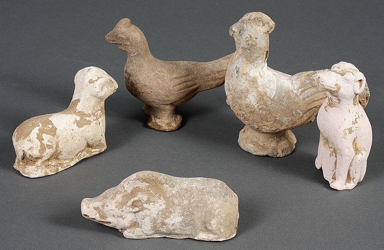 FIVE CHINESE CLAY ANIMAL FIGURES - Five clay animals; pig