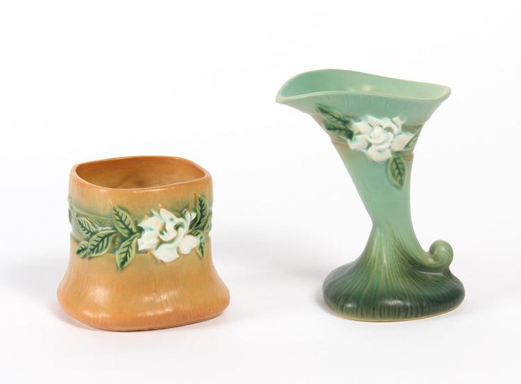 TWO ROSEVILLE POTTERY GARDENIA PATTERN VASES - First