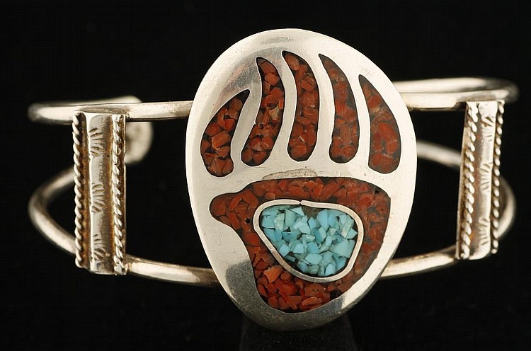 Silver Bear Paw Print Chip Inlay Cuff.