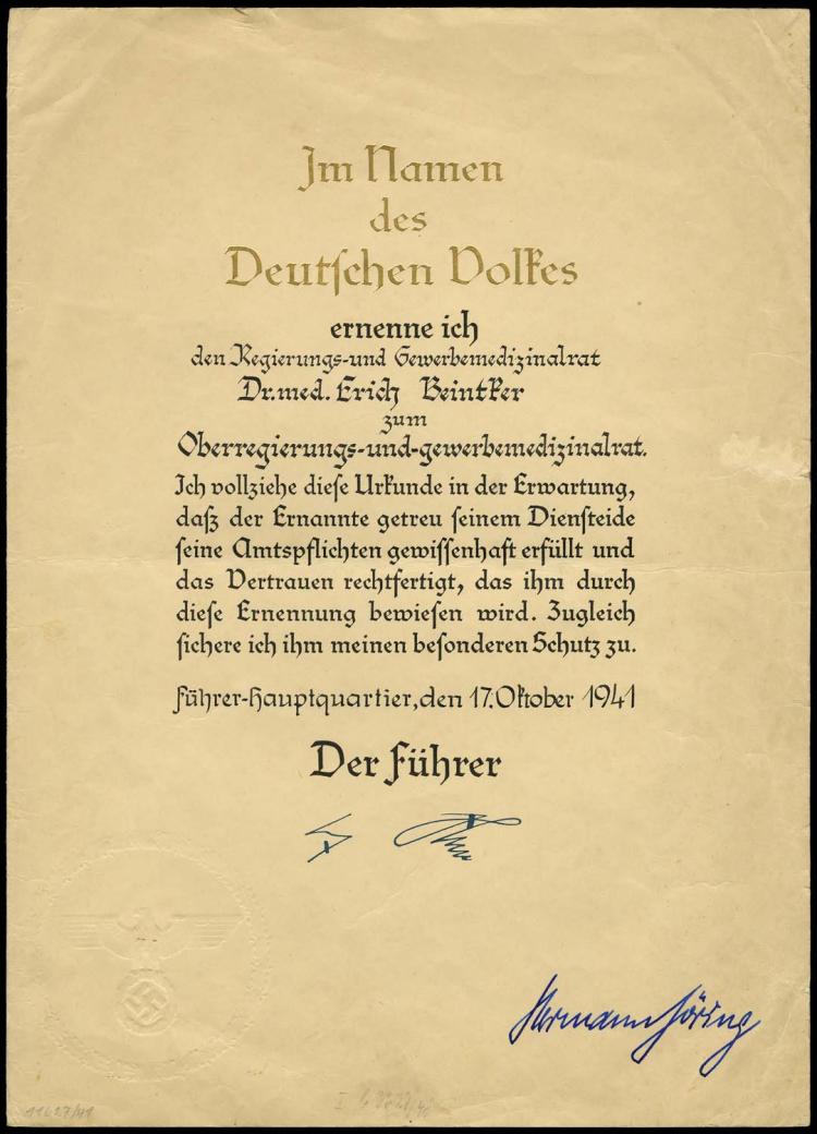 1940s THREE DR. ERICH BEINTKER DOCUMENTS, ONE SIGNED GOERING