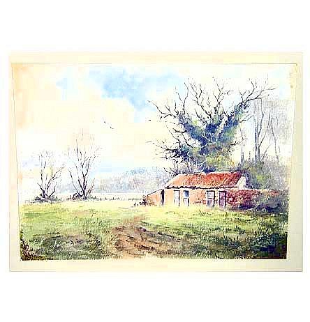 J Hush, acrylic on paper, study of stable building