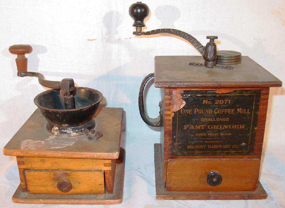 Two coffee grinders: one Belmont no. 2871Challenge 1lb. fast grinder, 11" h