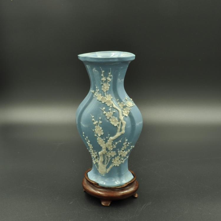 Chinese Blue Prunus Vase on Wood Stand