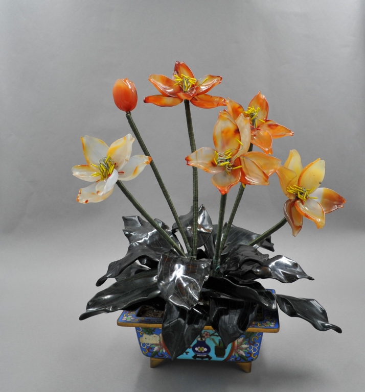 Chinese Agate Flower with Cloisonne Pot