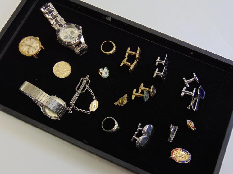 Mixed Mens Watches, Cuff Links, Tie Bar, & Ring Lot