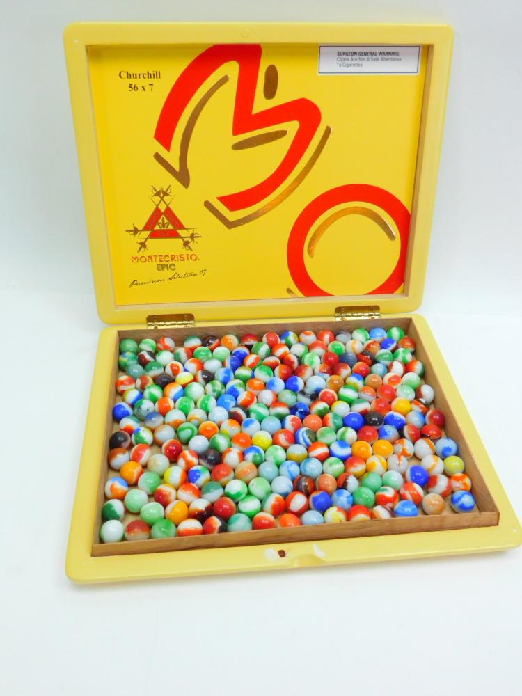 Huge Lot Vintage Collection Of Mixed Marbles With Wooden Cigar Box
