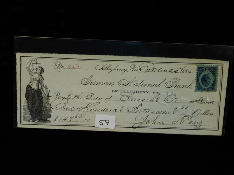 1882 German National Bank Allegheny Pennsylvania Check