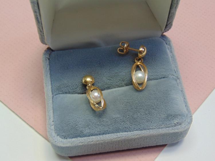 Vintage 3.1g 14K Gold Caged Pearl Earrings