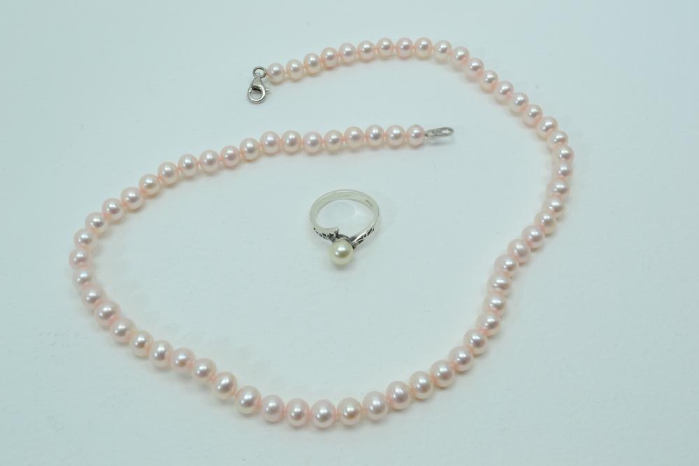 Sterling Silver Pink Pearl Necklace & White Pearl Ring Lot 29G Sz6.75