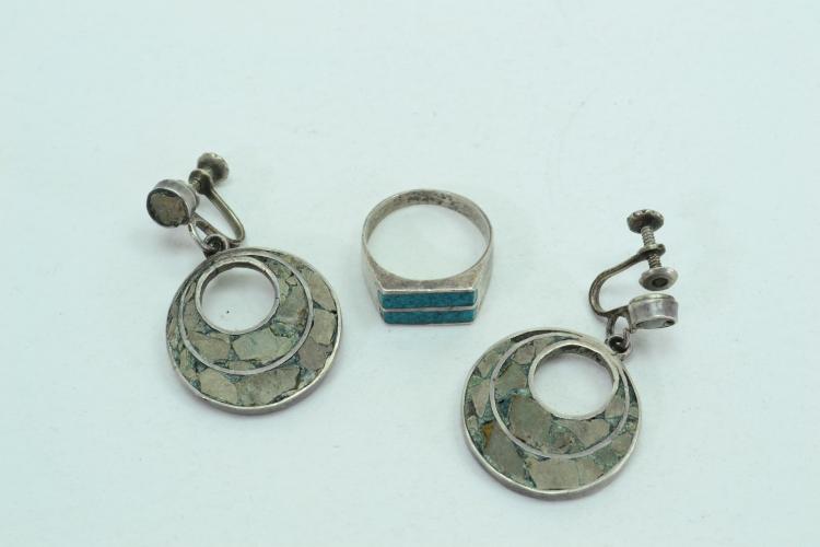Vintage Taxco Mexico Sterling Silver Inlaid Stone...