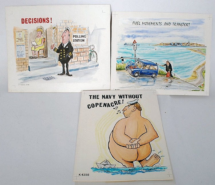 3 original ink and watercolour cartoon sketches,