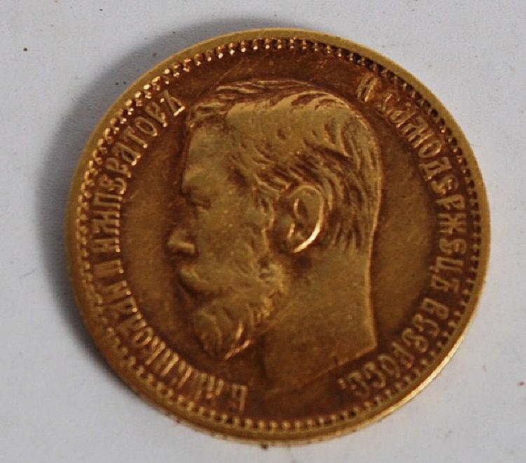 A Russian 5 Rouble / Roubles gold coin dated 1898
