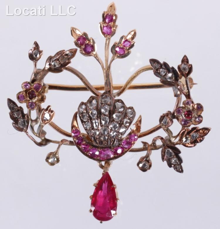 An Antique Brooch, Gold, Diamond and Ruby