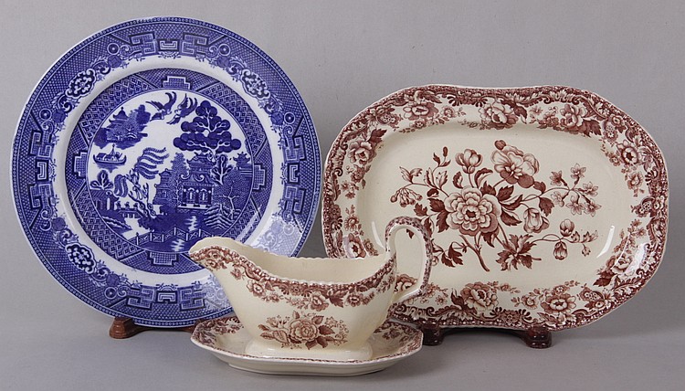 Three Pieces of Transferware, Spode Marina Pattern, and Blue Willow