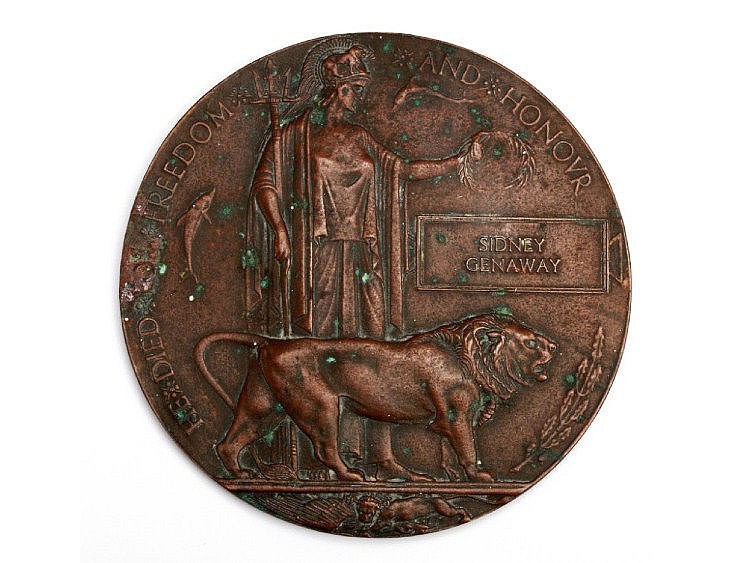 A WWI Memorial Plaque, awarded to Sidney Genaway