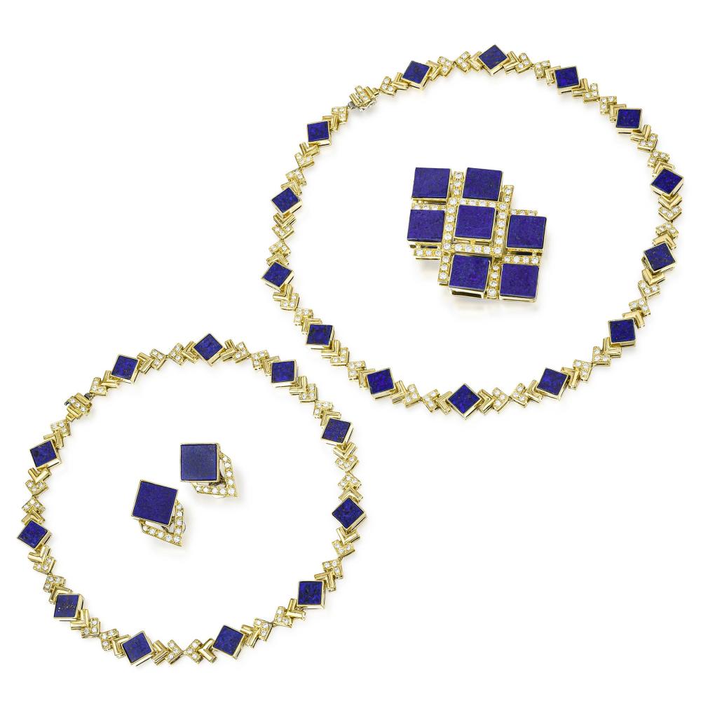 Moba Lapis and Diamond Necklaces Pendant/Brooch and Earclips Set