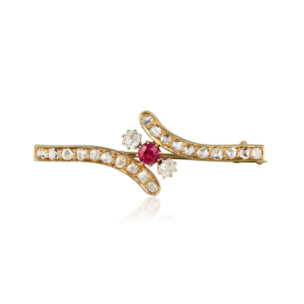 Antique 18K Gold Ruby and Diamond Brooch