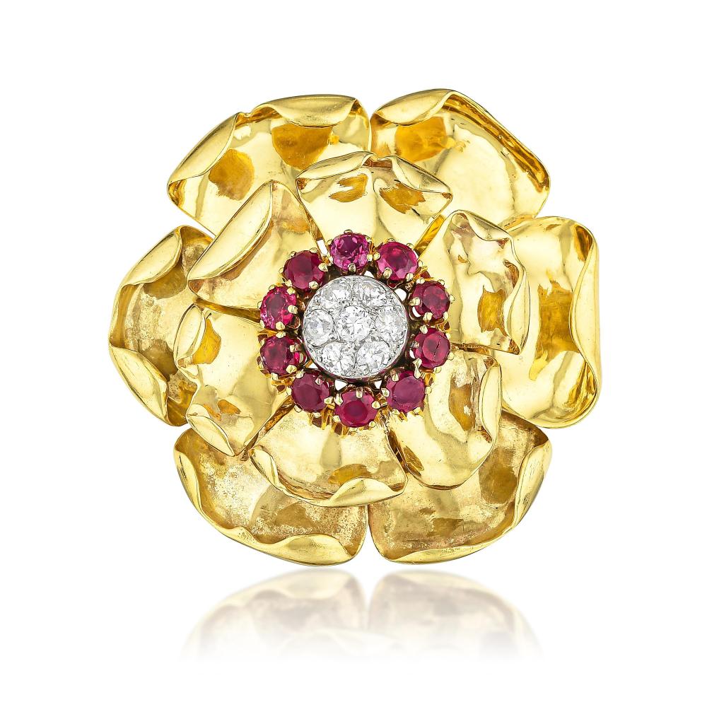 Chaumet Ruby and Diamond Flower Brooch