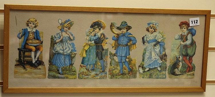 A framed set of 6 Victorian scraps on nu