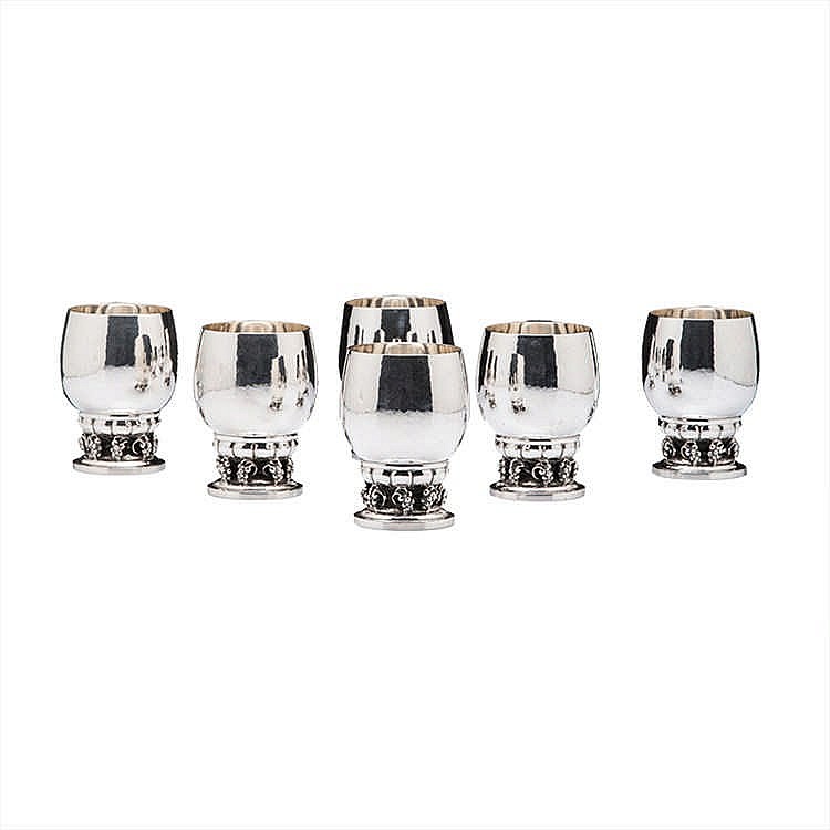 A SET OF SIX DANISH SILVER GRAPEVINE PATTERN GOBLETS, GEORG JENSEN, COPENHA