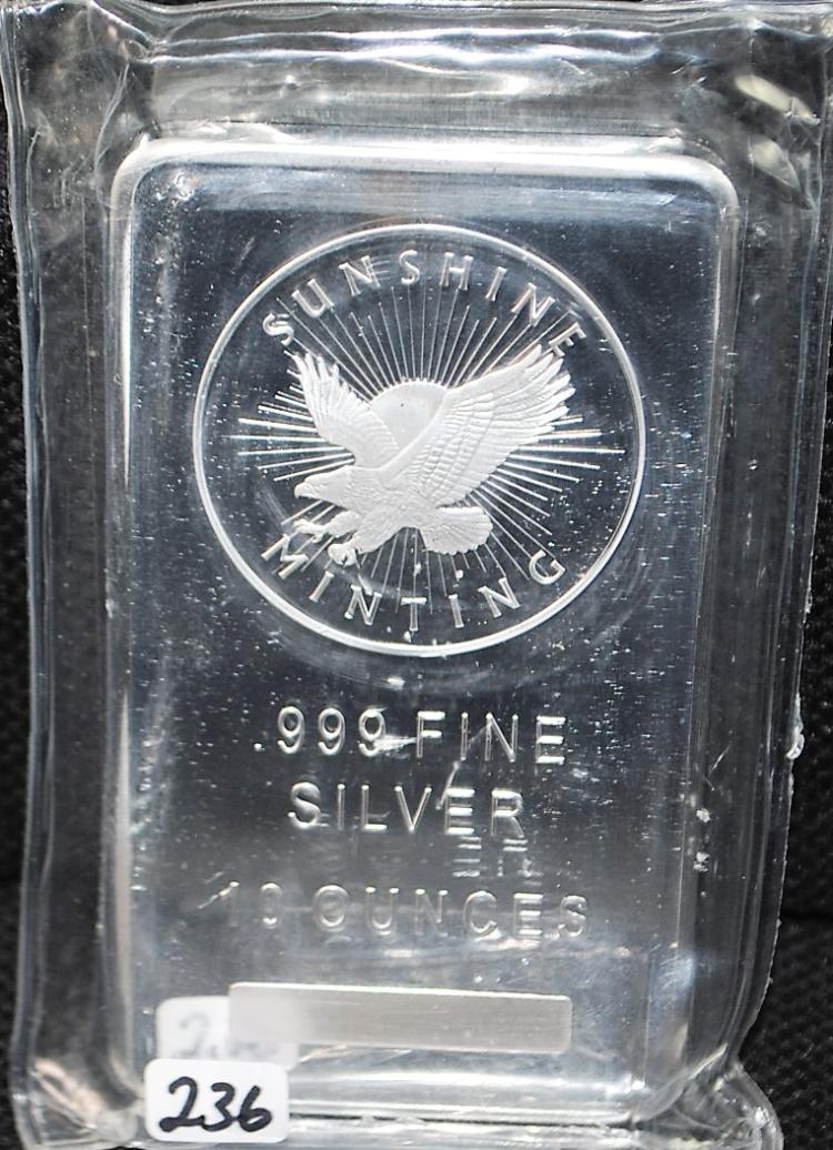 "SUNSHINE MINTING" 10 TROY OZ .999 SILVER INGOT